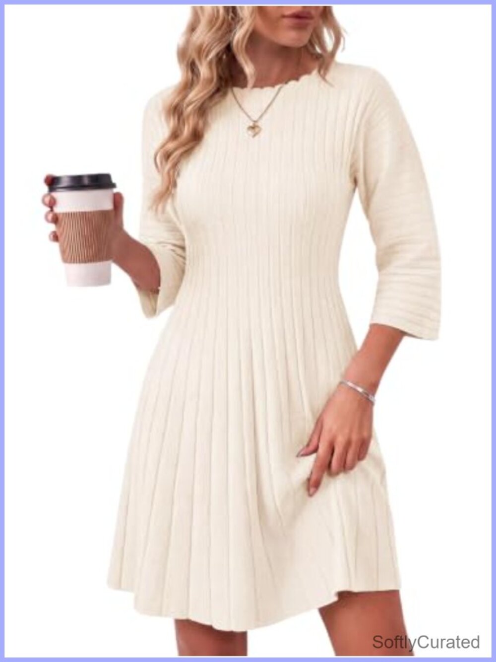 Scalloped Trim 3/4 Sleeve Ribbed Knit A-Line Mini Dress